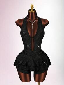 Amplova Bộ jumpsuit nữ màu hồng bóng bẩy, gợi cảm và phá cách, thích hợp cho buổi hẹn hò ngày Valentine, cổ yếm, hở lưng, khoét rỗng phía trước và giữa, vạt áo bất đối xứng. - màu đen - Xem 3