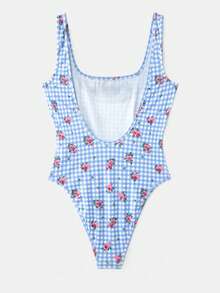 lacRébo Blue Gingham Floral Bodysuit With Rose Detail And Open BackRib Fabric Spring Summer French Style Parisian Style - Blue - View 9