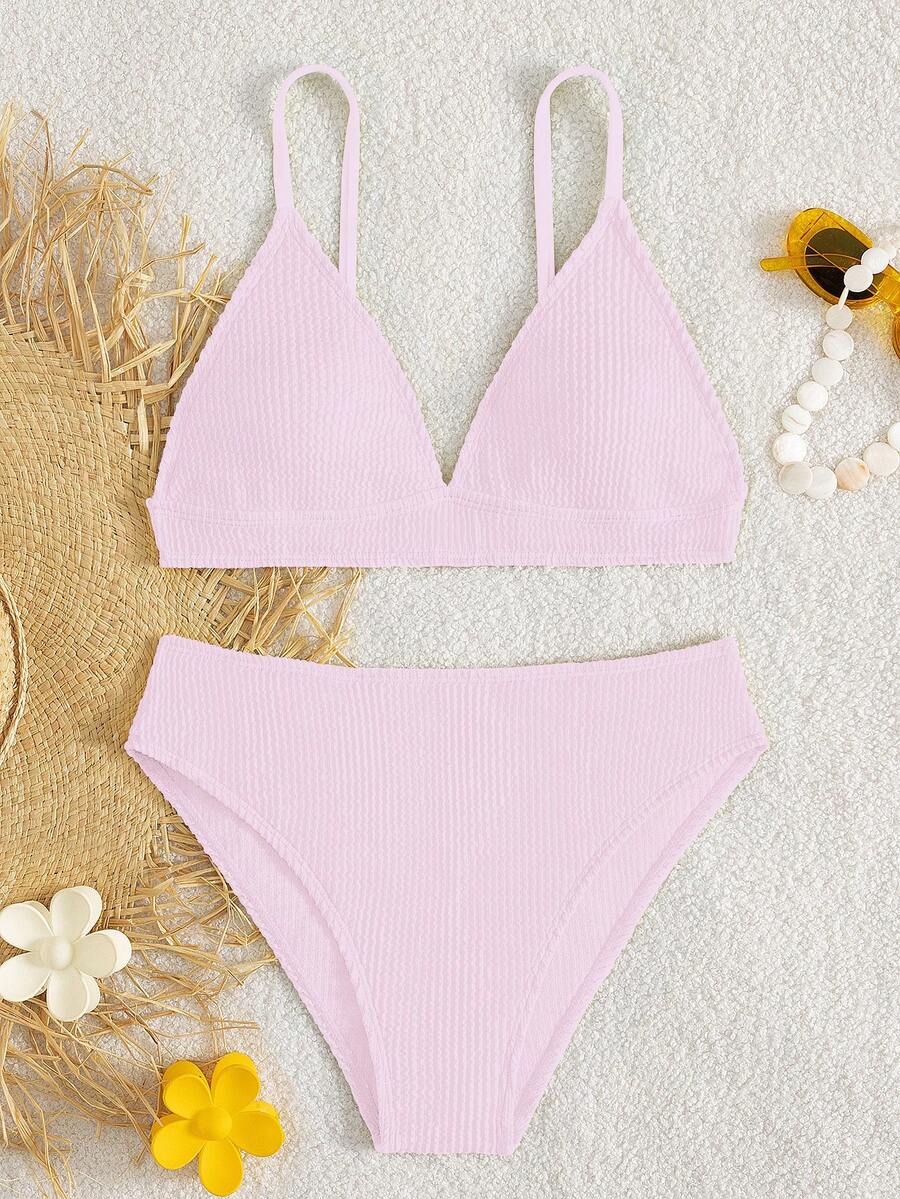 SHEIN Tween Girls Bikini Sets, Casual Pink Wavy Jacquard Knit Spaghetti Strap Deep V-Neck Tankini Swimsuit Set, Top With Triangle Bottoms, Fashionable Elegant Casual Suitable For Swimming, Summer Vacation, Beach, Pool, Holiday Party - Pink - View 1