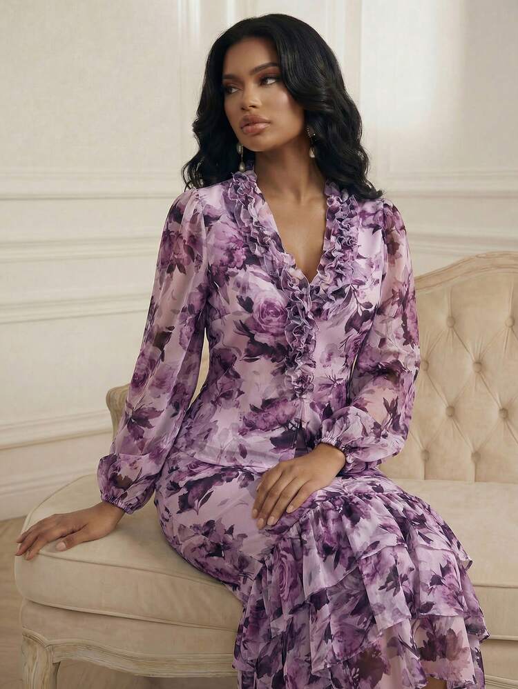 Blusa transparente con estampado floral, mangas farol, cuello con volantes y diseño multicapa para mujer, ideal para vacaciones