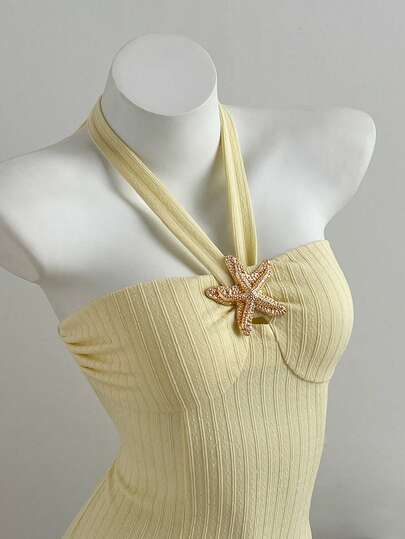 Elamini 女士休闲性感露背褶皱海星装饰纽扣连衣裙