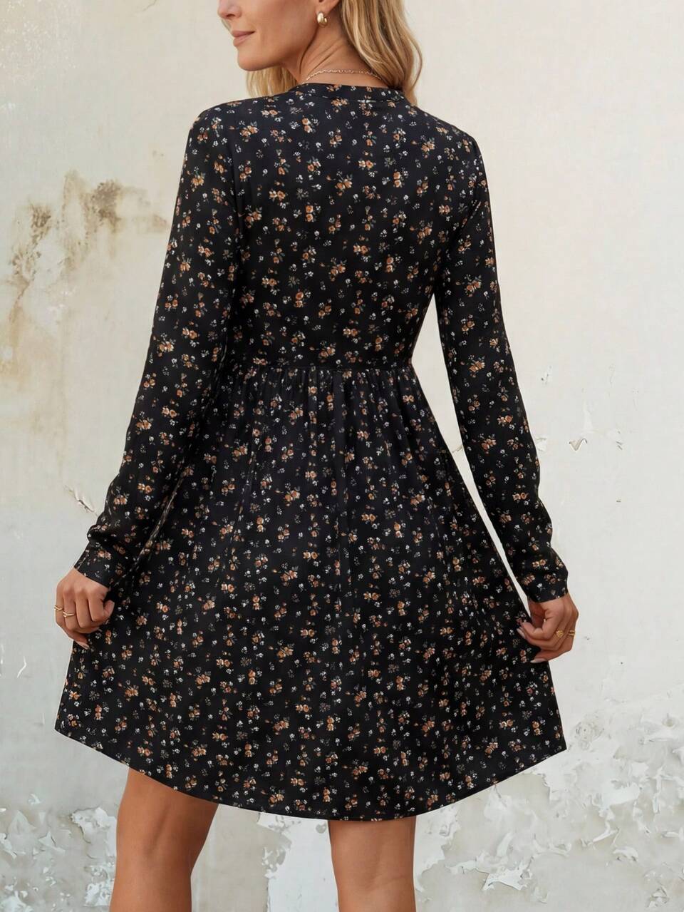 Women's Ditsy Floral Long Sleeve Casual Mini Dress,Elegant Black Floral Autumn Christmas New Year Party Brunch Dresses For Women