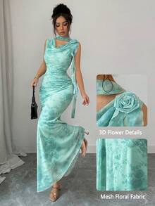 Modelyn 绿色无袖飘逸领印花3D网纱修身连衣裙（女款） - 綠色 - 查看 8