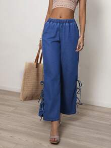 Sunnyshic Women's Elastic Waist Knotted Casual Versatile Daily Wear Wide Leg Jeans - Blue - View 8