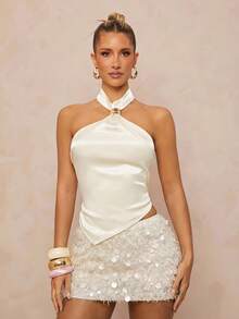 Lumalex 女士纯色亮片时尚修身半身裙，贴合身形，优雅迷人，适合春夏、晚宴、派对、秋季新款女装、派对奢华半身裙、秋冬时尚、优雅休闲、秋日休闲、周末、度假、生日、情人节、海滩度假等场合。 - 米色 - 查看 4