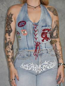 Arliah 女士 Y2K 复古运动芭蕾风图案刺绣抽绳低腰性感露脐牛仔上衣 - 淺藍色 - 查看 6