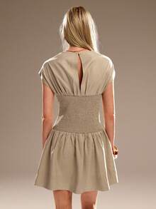 Avantive Women's Solid Color Round Neck Short Sleeve Waist Cinched Fashionable Mini Dress Breathable Soft Transitional Casual - Khaki - View 2