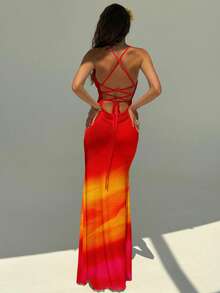 Aloruh 女士优雅橙红色扎染印花露背系带连衣裙，夏季度假装，沙滩裙，橙色连衣裙，夏威夷度假装 - 橘色 - 查看 7