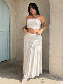 SHEIN PETITE CURVE 加大码春夏网纱拼接抹胸上衣和长裙两件套 - 杏色 - 查看 4