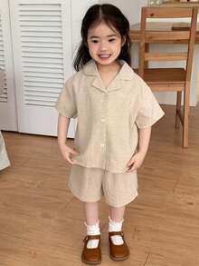 DAZY Baby Girl Comfortable Korean Style Solid Color Collar Shirt 2 Pieces Set - Apricot - View 4