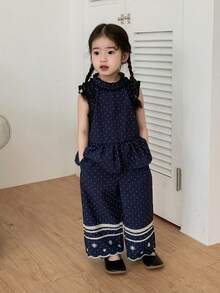 DAZY 2pcs Baby Girls' Polka Dot Washed Ruffle Hem Loose Wide Leg Casual Jeans Set - Blue - View 5