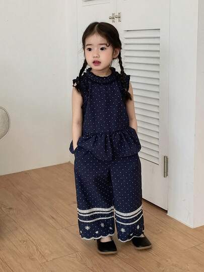 DAZY 2pcs Baby Girls' Polka Dot Washed Ruffle Hem Loose Wide Leg Casual Jeans Set