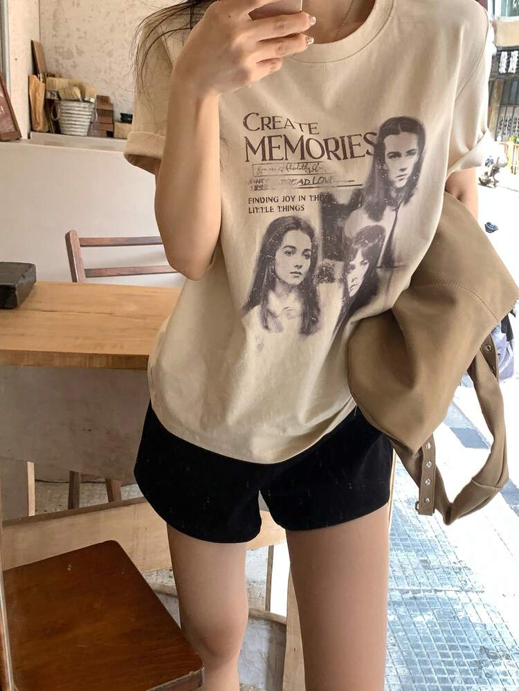 Women's Portrait & Letter Print Round Neck Short Sleeve T-Shirt Graphic Tees Women