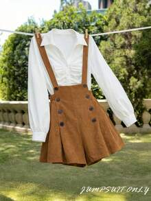 SHEIN MOD 大码女式卡其色双排扣褶皱复古连体衣（夏季） - 卡其色 - 查看 5