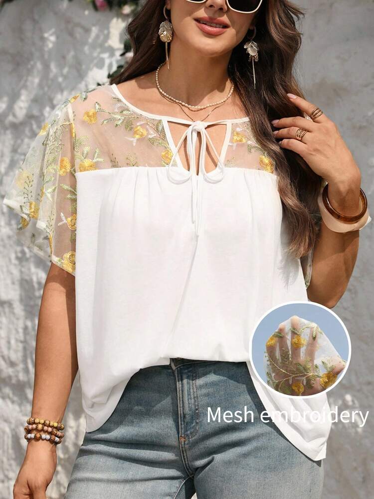Plus Size Women Summer Casual Vacation Style Mesh Patchwork Floral Embroidery Twist Cutout Neck Loose Blouse Women Summer Blouse Top Summer Tops With Sleeve Summer Casual Tops Boho Summer Tops Bohemian Top