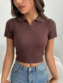 Top corto de punto para mujer, Blusa Casual cuello polo media aletilla, manga corta, tejido trenzado, ajuste ceñido, diseño casual elegante, ideal para outfits urbanos y modernos para el colegio o la oficina versátil cómodo - Café - Ver 4
