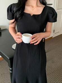 DAZY Women's Fitted Midi Dress With Collar - Black - View 6