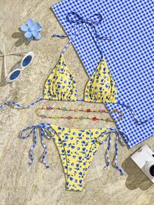 Swim Mod 3pcs Ditsy Floral Bikini Set With Detachable Waist Belt, Random Color Waist Chain Beads - Multicolor - View 4