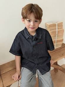 DAZY Toddler Boys' Letter Embroidered Short Sleeve Denim Shirt - Blue - View 6