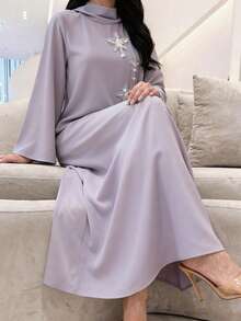 Al Najma Women's Elegant Beaded Embroidery Loose Arabic Style Dress, Autumn - Dusty Purple - View 12