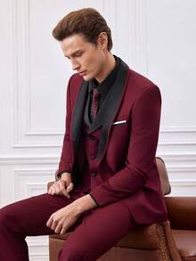 Officeau SuitGent 三件套男士高品质商务西装，撞色新郎婚礼礼服，修身休闲西装外套和裤子套装，春季礼服套装 - 酒紅色 - 查看 16