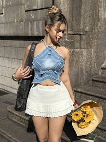 MainGRL Women's Tie-Neck Backless Sexy Versatile Denim Blouse For Dates & Outings - Blue - View 6