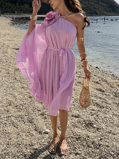 Breezaya Elegant, Temperamental & Sexy Vacation One-Shoulder Off-Shoulder Chiffon Mini Dress For Women, Lavender, With 3D Floral Decoration, Belt, Waist Cinching And A-Line Silhouette, Flowy Style. Summer Dress, Elegant Party Dress, Party Outfit, Women's Birthday Dress, Vacation Outfit, Summer Holiday Dress, Women's Spring & Summer Short Dress. Women Vacation Dress Beach Vacation Dress Lilac Dress One Shoulder Summer Dress Purple Beach Dress