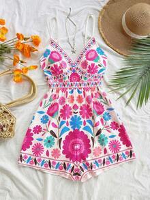 Soleia 女士彩色热带印花连体裤，细肩带设计，金属装饰，适合早午餐、夏季、母亲节、毕业典礼、教堂、海滩、音乐节、机场、下午茶、秋冬季等场合穿着。 - 玫紅色 - 查看 7