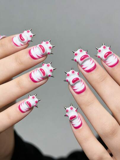 ROMWE 10 piezas de uñas postizas con diseño de patita de gato pintadas a mano + 3 piezas de cinta adhesiva doble cara, piezas de uñas falsas de alta calidad con remaches coloridos estilo Y2K, de forma mediana reutilizables y de presión, aptas para uso diario, citas y fiestas