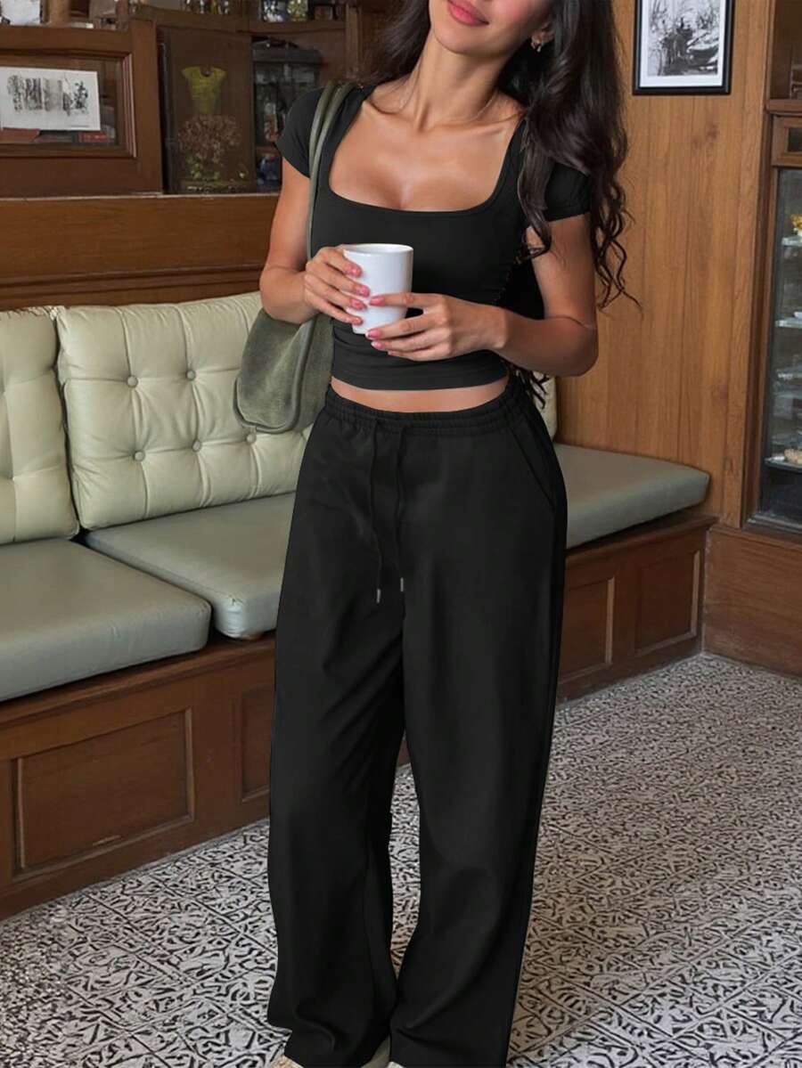 SHEIN Set de 2 piezas de camiseta y pantalones de unicolor de verano informal - Negro - Ver 1