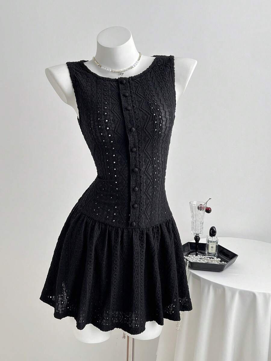 Elamini Women's Summer Minimalist Black Hollow-Out Jacquard Fitted Mini Dress - Black - View 1
