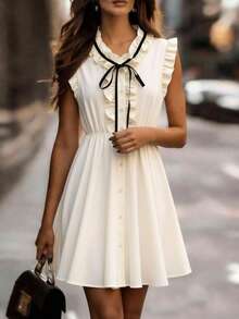 Franclia Women's Sleeveless Ruffle Trim Black Ribbon Bow Tie Waist A-Line Midi Elegant Dress - Apricot - View 4