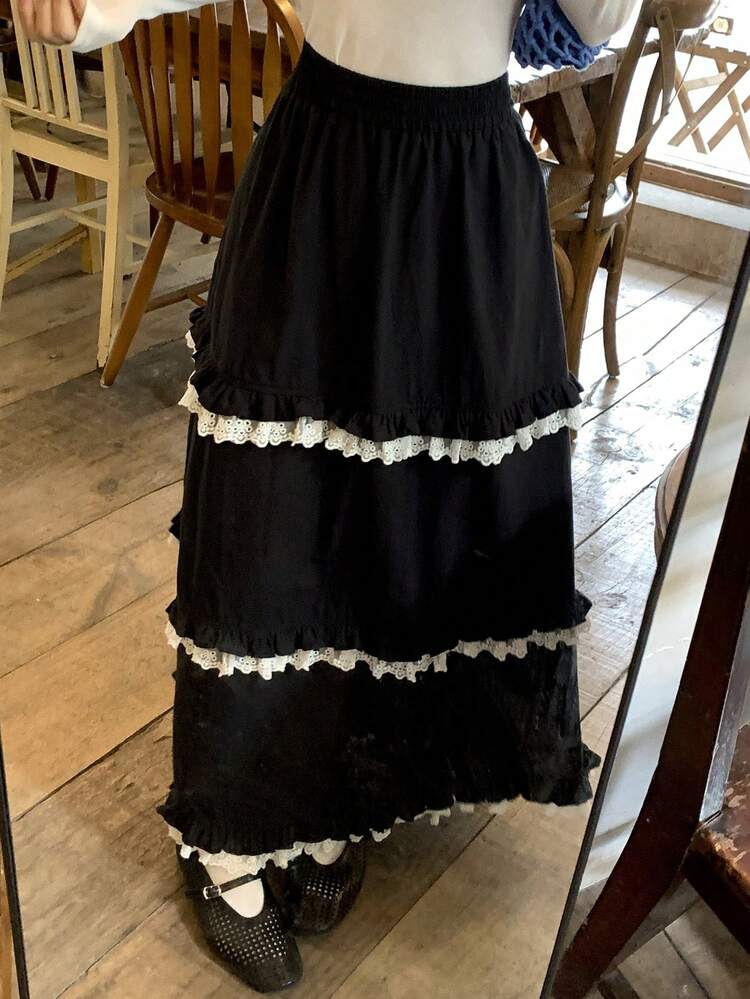 Women's Casual Versatile Contrast Color Lace Patchwork A-Line Skirt