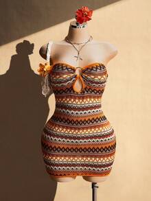 SHEIN ICON Plus Size Bohemian Textured Fabric Cutout Bust Bodycon Mini Dress Body Fitting Dress Women One Piece Dress - Multicolor - View 2