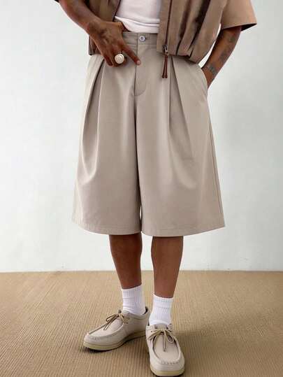 HUEFORM Men's Woven Relaxed Fit Casual Solid Color Loose Fit 7/8 Pants Mens Pleated Shorts Mens Baggy Shorts