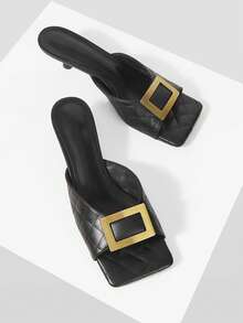 Mnmlis Giày sandal cao gót mũi vuông dành cho nữ, gót mỏng, kiểu dáng cổ chữ V, thời trang nổi tiếng trên mạng, dép hở mũi mùa hè. - màu đen - Xem 5