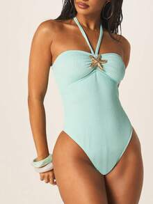 MISSGUIDED Halter Neck One Piece Swimsuit With Starfish Embellishment Ribbed Texture Summer Beach Vacation Swimwear - Mint Blue - View 4