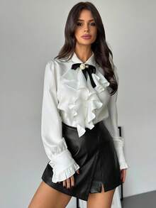 Firerie Women's Elegant Chic  Modest Autumn Patchwork Ruffle Cuff Single-Breasted Elegant Shirt Wedding Guest,Fashion Clothing - White - View 5