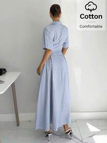 Siren Gaze Elegantes Damen-Maxi-Hemdkleid aus französischer Baumwolle, blau-weiß gestreift, Kurzarm, mit Kragen, Knopfleiste, tailliert, A-Linie, für Sommer-Brunch - Blau-Weiß - Übersicht 6