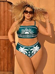 Swim Vcay Plus Size Multi-Color Palm Tree Print Removable Adjustable Strap High Waist Printed Triangle Bikini Set, Mature & Flattering Beach Holiday Style - Multicolor - View 3
