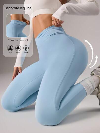 Dewbera Solid Color Pleated High Waist Tight Fit Yoga Leggings
