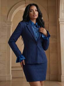 Anewsta Retro Chic Urban Elite Navy Blue & White Stripe Contrast Waist Suit Jacket For Women - Navy Blue - View 1