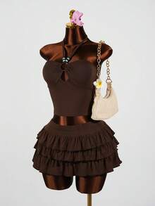 SaltGleam SaltGleam 性感优雅度假风露背系带荷叶边上衣和迷你裙两件套 - 棕色 - 查看 4