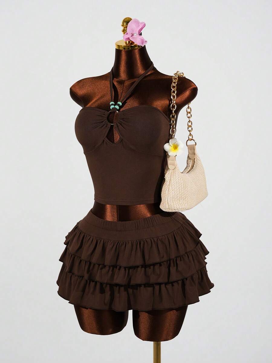 SaltGleam SaltGleam 性感优雅度假风露背系带荷叶边上衣和迷你裙两件套 - 棕色 - 查看 1