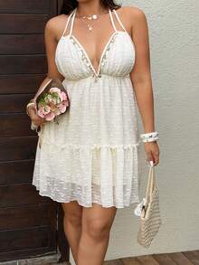 Sunnyshic Đầm mùa hè cỡ lớn màu mơ, dây mảnh, họa tiết vỏ sò, thắt eo, ôm sát, không tay, hở vai, tối giản, đa năng, tôn dáng, thích hợp cho kỳ nghỉ hè. - Màu be - Xem 6