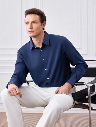 Officeau Men's Solid Color Long Sleeve Single-Breasted Casual/Business Commute Shirt, Basic Long Sleeve Business Shirt, Casual Business Formal Shirt