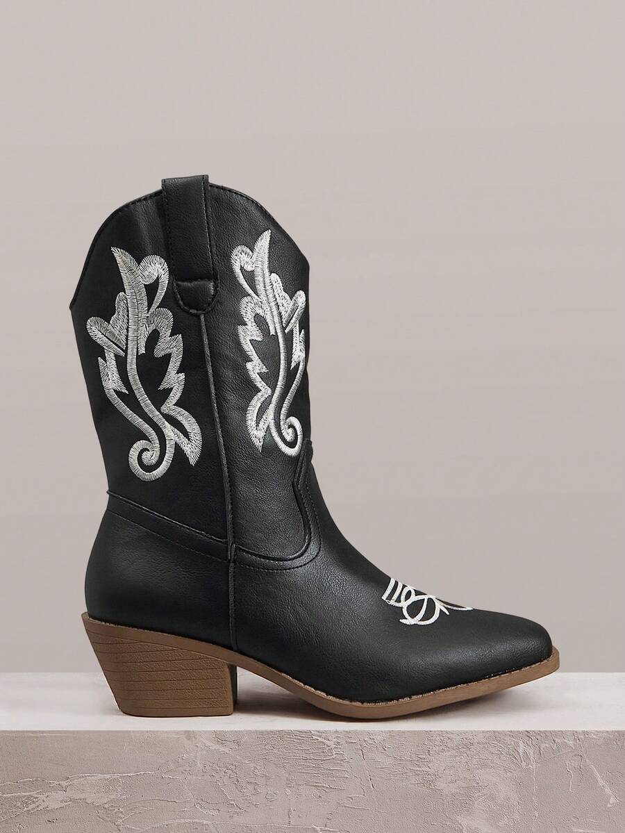 Styleloop Stivali neri da donna con punta affusolata e tacco basso, stile western, stivali alti da cavallerizza con chiusura a trazione, stivali in pelle con ricamo a V, stivali alla caviglia, adatti per festival musicali, feste, stile vintage americano, vacanze e viaggi - Abbinamento del colore nero - Visualizzare 1
