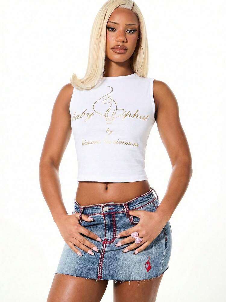 BABYPHAT Sleeveless Cropped Tank Top With Glitter Text Print Casual Summer Festival Top