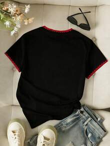 Resyla Áo thun nữ mùa hè thiết kế mới, họa tiết răng chó và trái tim thêu, màu đen, thời trang và đa năng, phù hợp cho trang phục hẹn hò. - Nhiều màu - Xem 2