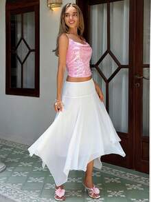 MainGRL 女士白色不对称下摆飘逸雪纺半身裙，适合春夏度假穿着 - 白色 - 查看 6